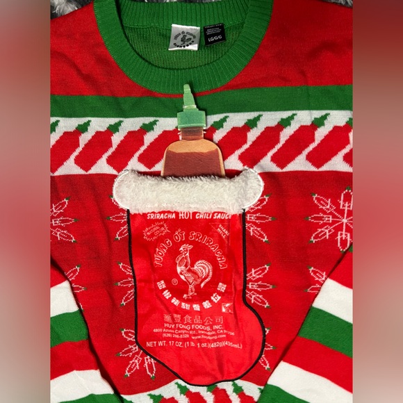 Sriracha Holiday Ugly Christmas Sweater Hot Chili Sauce Red and Green Size L EUC - Picture 2 of 5